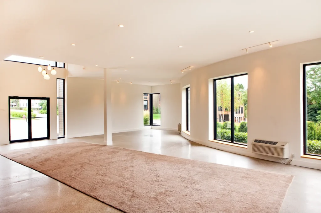 Bright, empty modern interior with white walls, large windows, polished floors, and natural light filling the open space.