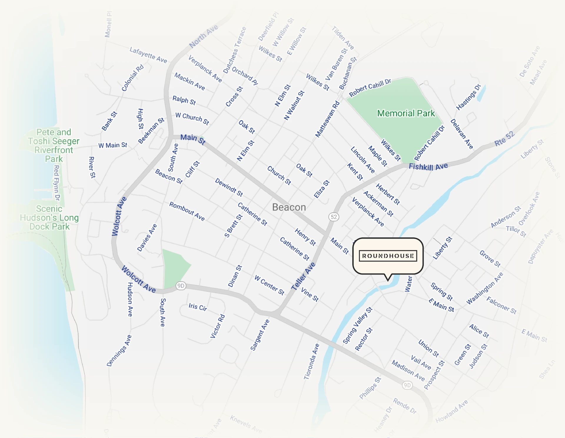 Map of beacon, new york highlighting the roundhouse location near fishkill creek and surrounding streets.