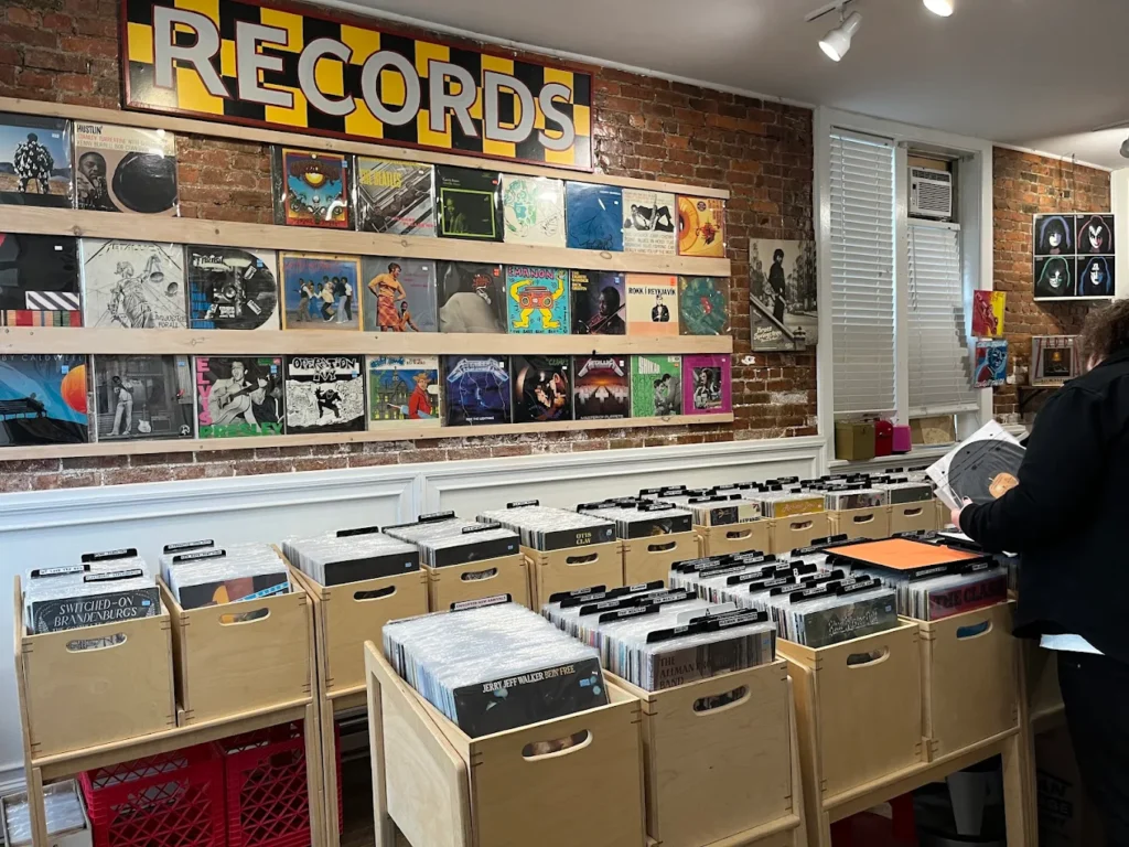 Record store interior with vinyl bins, album covers on brick wall, and shopper browsing.