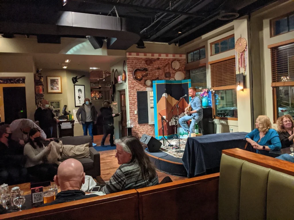 Live music performance in a cozy café with seated audience and small stage.
