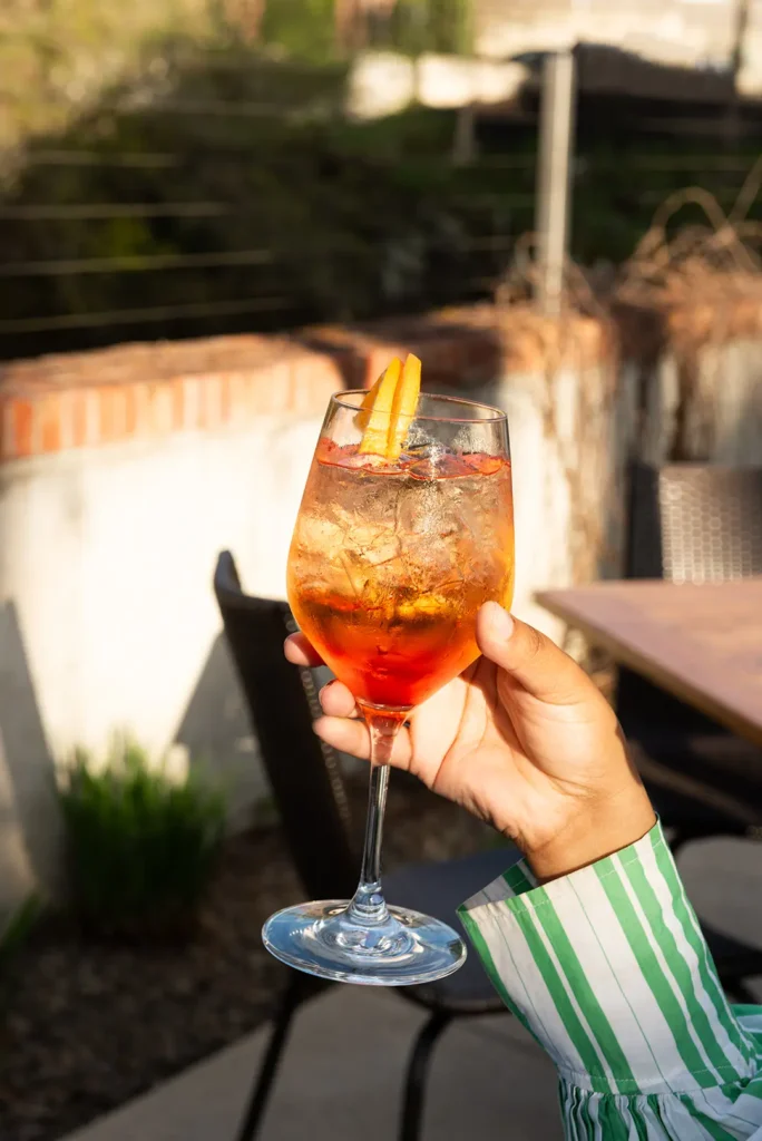 Hand holding an orange cocktail with ice and citrus garnish outdoors in sunlight.