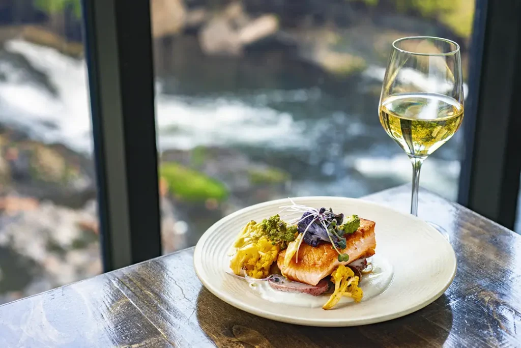 Plated salmon dish with vegetables and a glass of white wine by a riverside window.